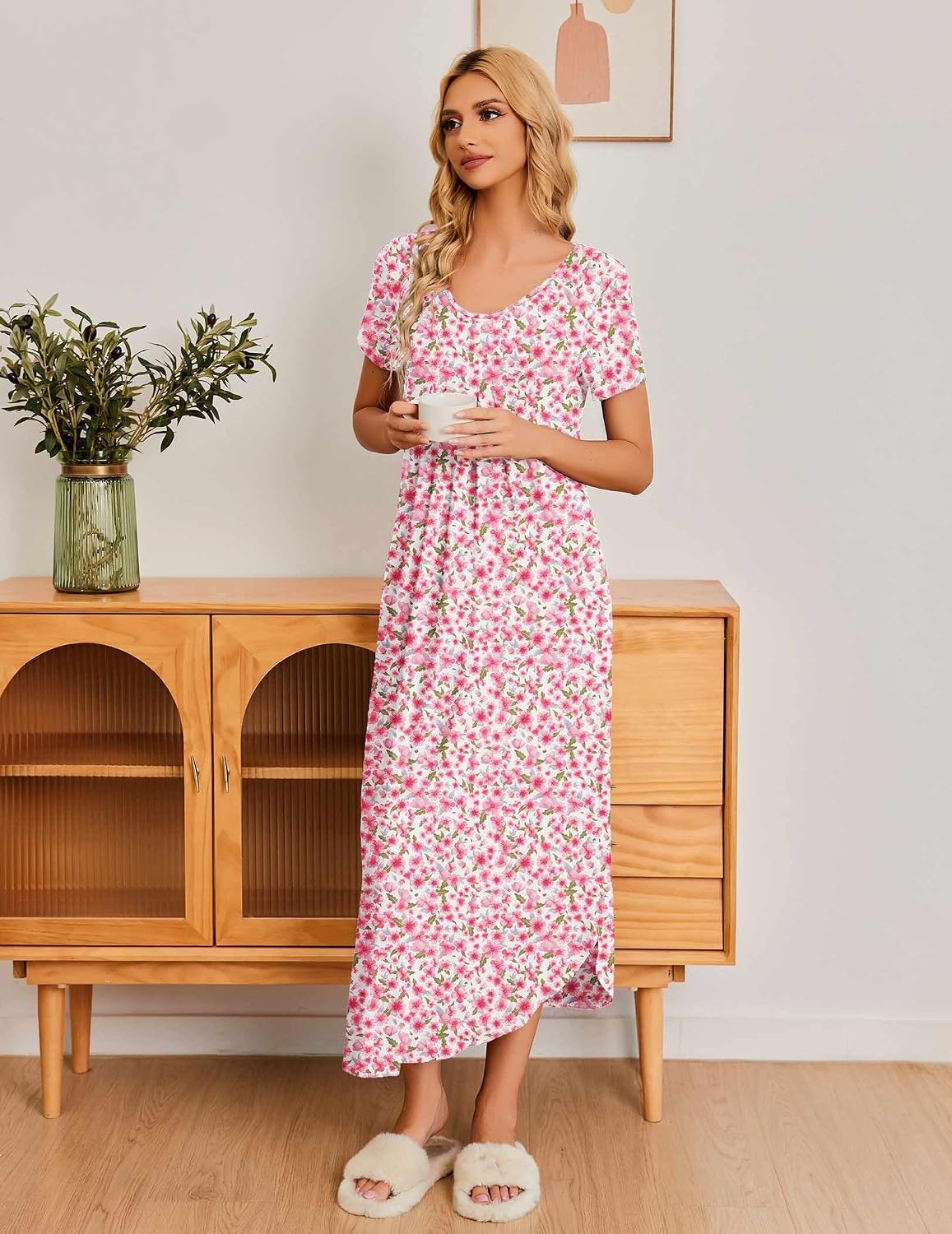 image:imageEkouaer Long Nightgowns for Women Plus Size House Dress Short Sleeve Night Gown Pleated Full Length Loungwear S4XLPink Flower