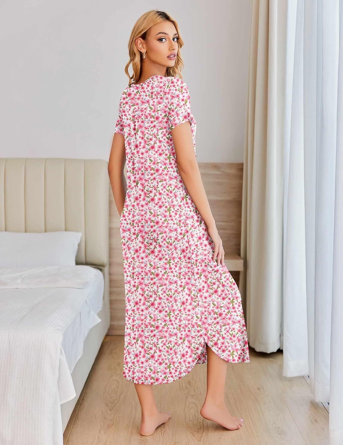 image:imageEkouaer Long Nightgowns for Women Plus Size House Dress Short Sleeve Night Gown Pleated Full Length Loungwear S4XLPink Flower