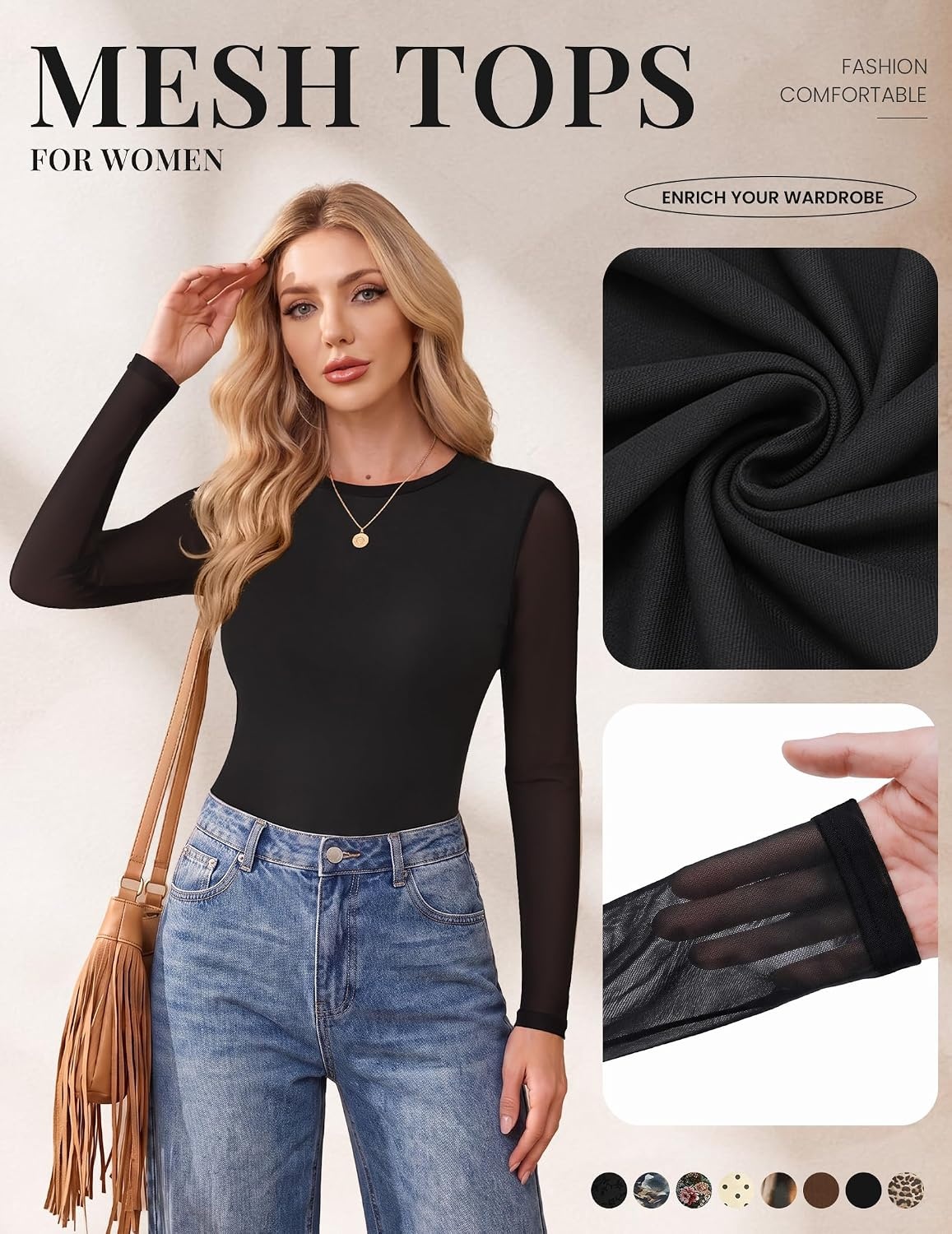 image:imageEkouaer Womens Mesh Long Sleeve Tops Fall Fashion Sexy Fit Crew Neck ShirtsA Black