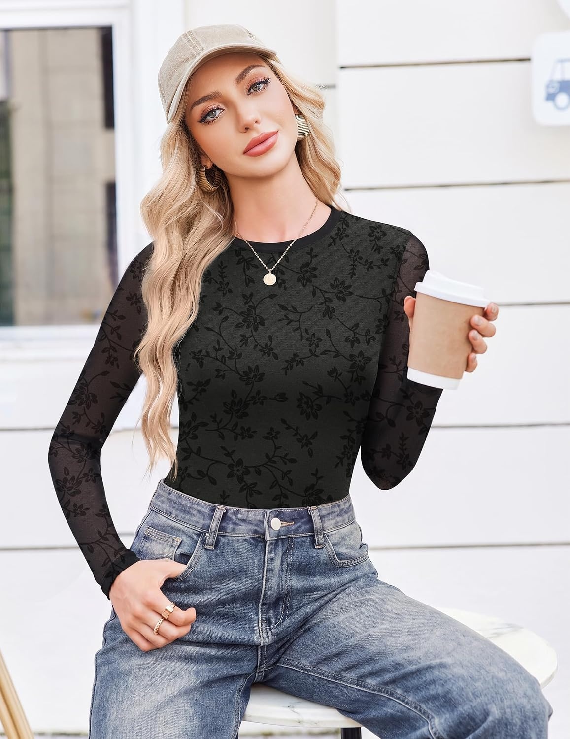 image:imageEkouaer Womens Mesh Long Sleeve Tops Fall Fashion Sexy Fit Crew Neck ShirtsA Black Floral