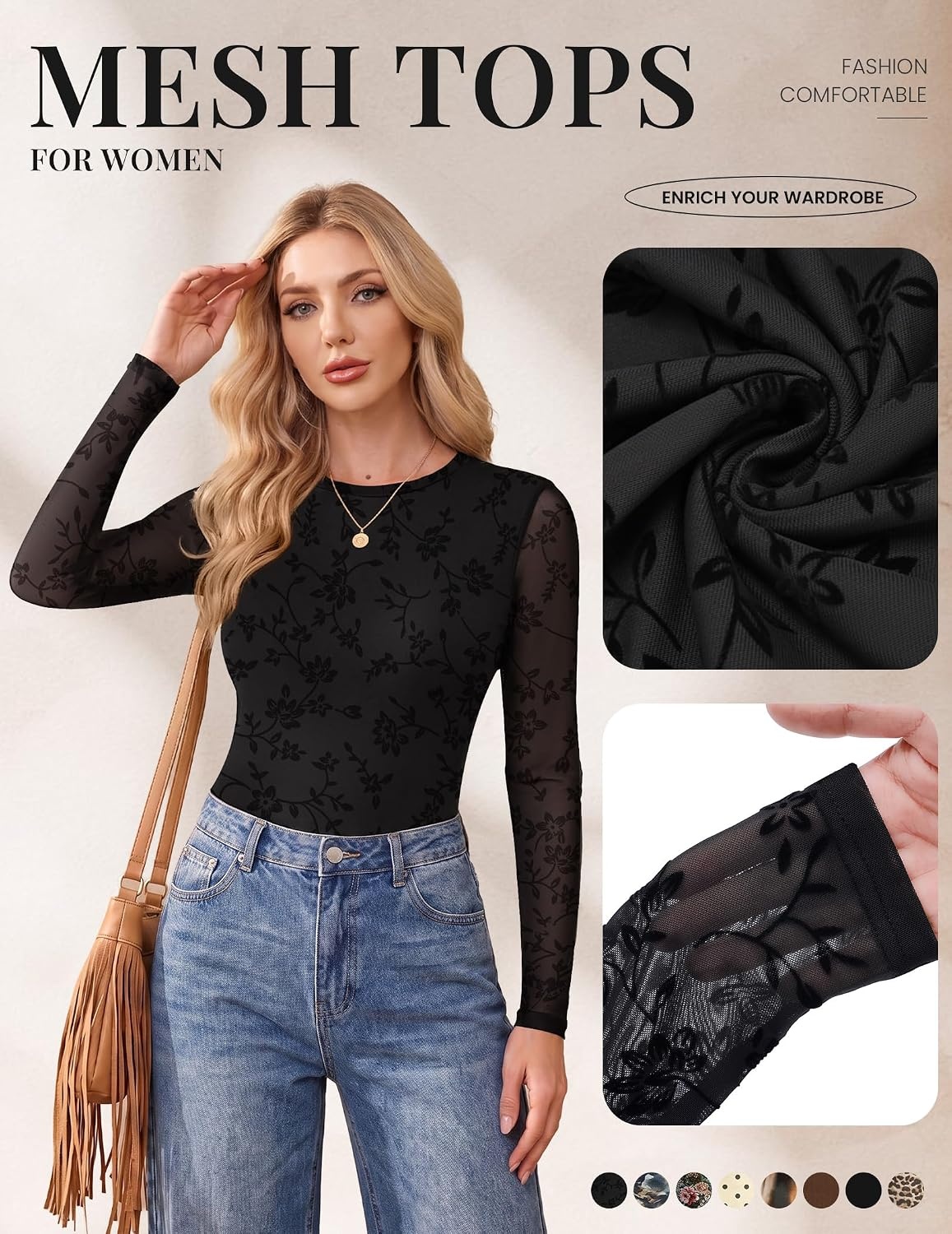 image:imageEkouaer Womens Mesh Long Sleeve Tops Fall Fashion Sexy Fit Crew Neck ShirtsA Black Floral