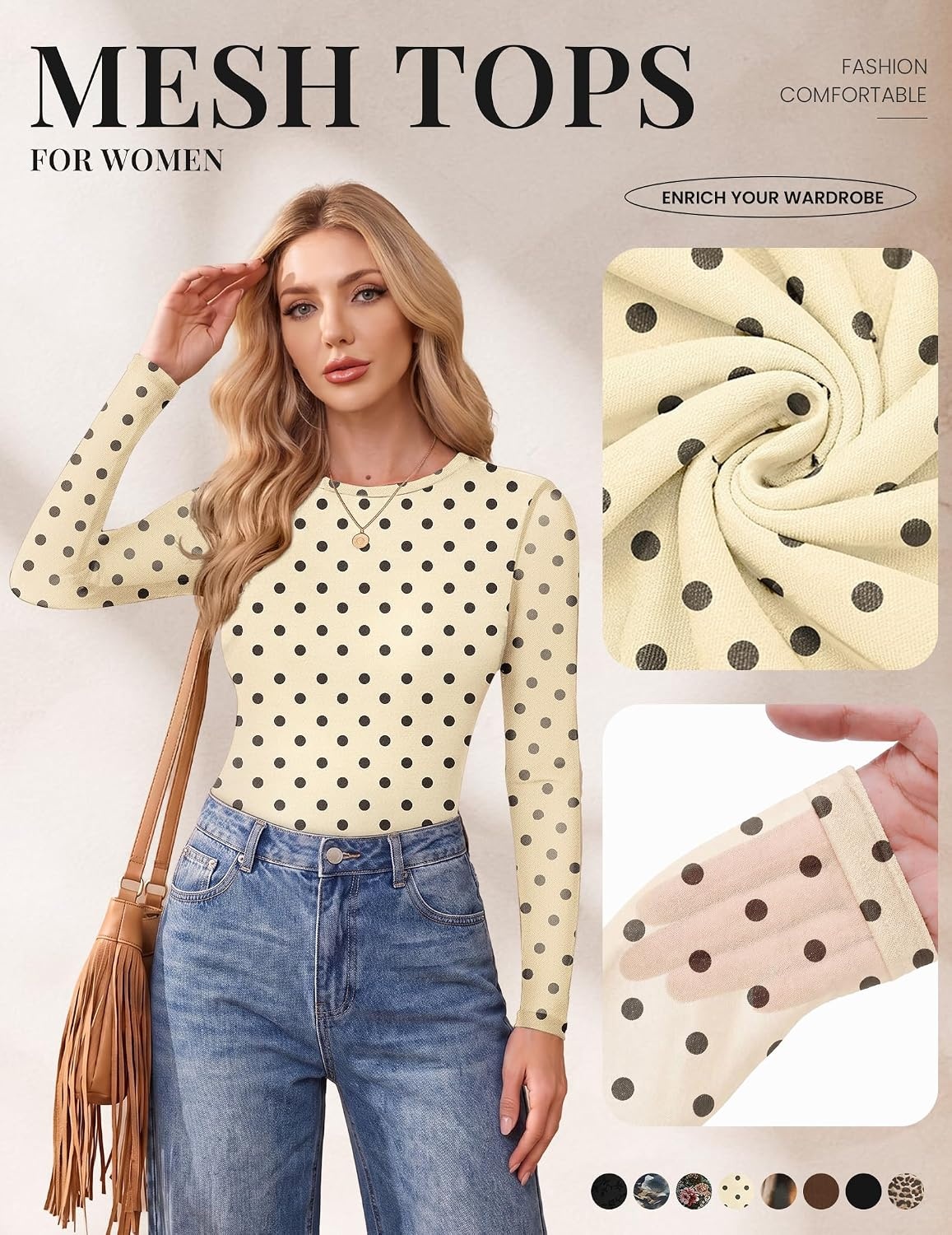 image:imageEkouaer Womens Mesh Long Sleeve Tops Fall Fashion Sexy Fit Crew Neck ShirtsBeige