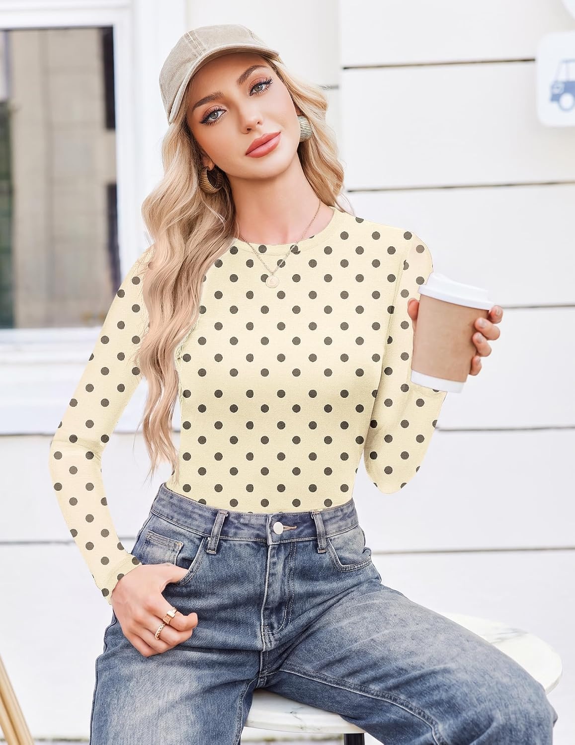image:imageEkouaer Womens Mesh Long Sleeve Tops Fall Fashion Sexy Fit Crew Neck ShirtsBeige