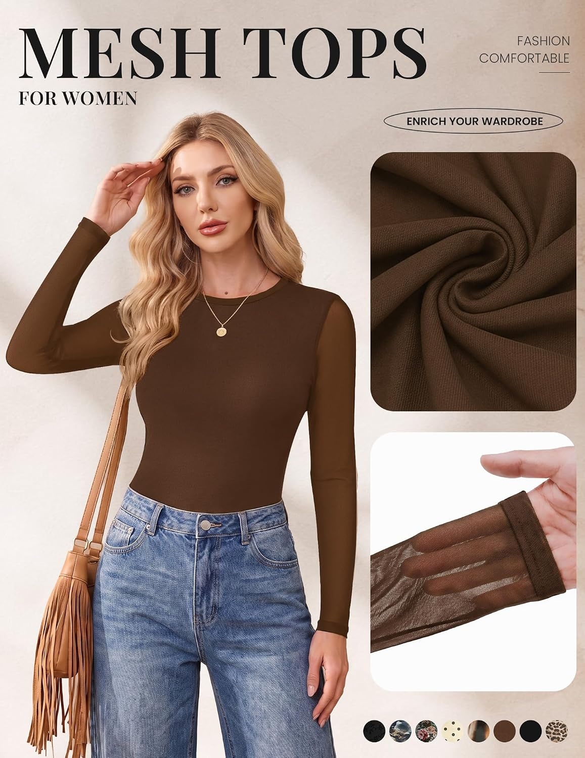 image:imageEkouaer Womens Mesh Long Sleeve Tops Fall Fashion Sexy Fit Crew Neck ShirtsBrown