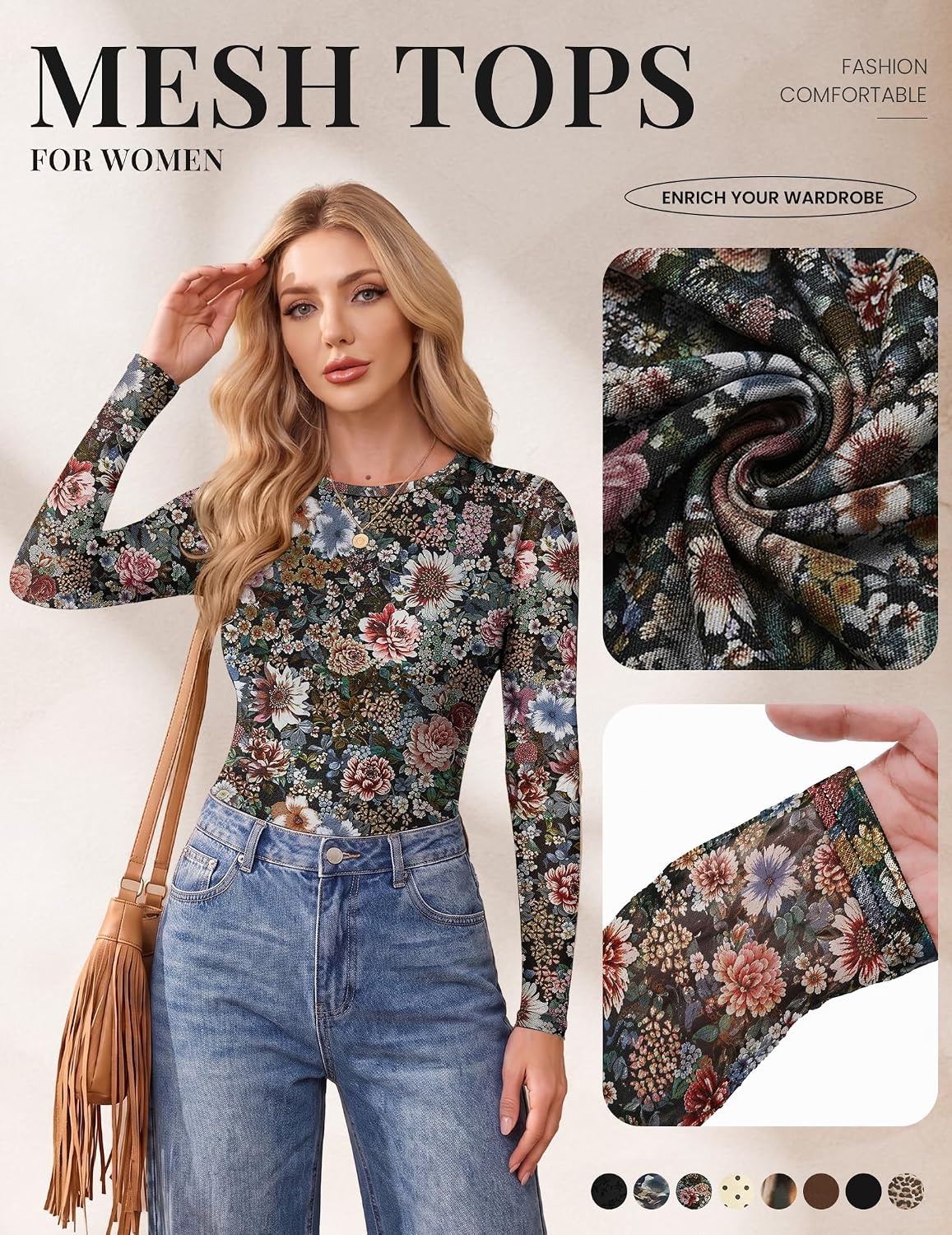 image:imageEkouaer Womens Mesh Long Sleeve Tops Fall Fashion Sexy Fit Crew Neck ShirtsFloral Fierce