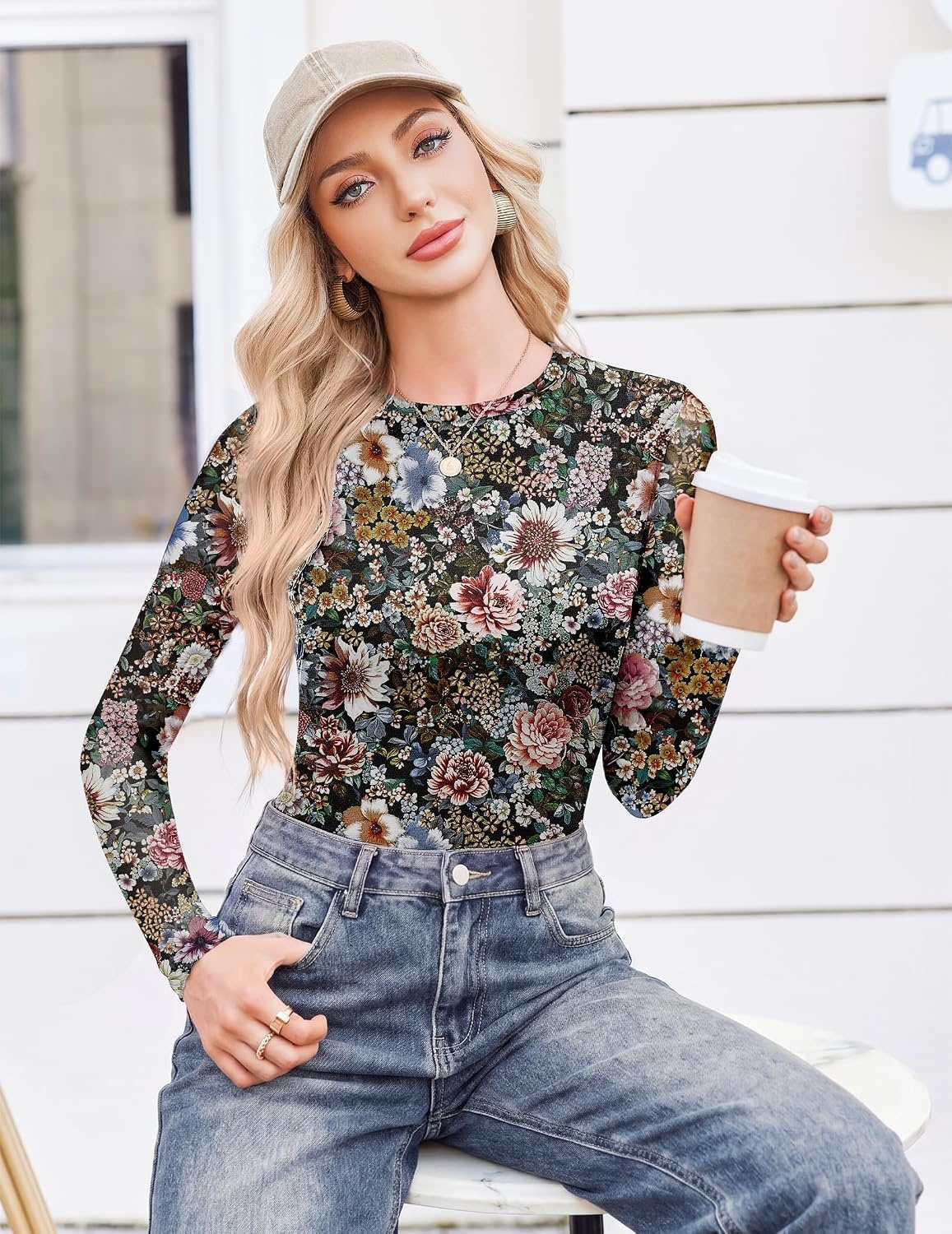 image:imageEkouaer Womens Mesh Long Sleeve Tops Fall Fashion Sexy Fit Crew Neck ShirtsFloral Fierce