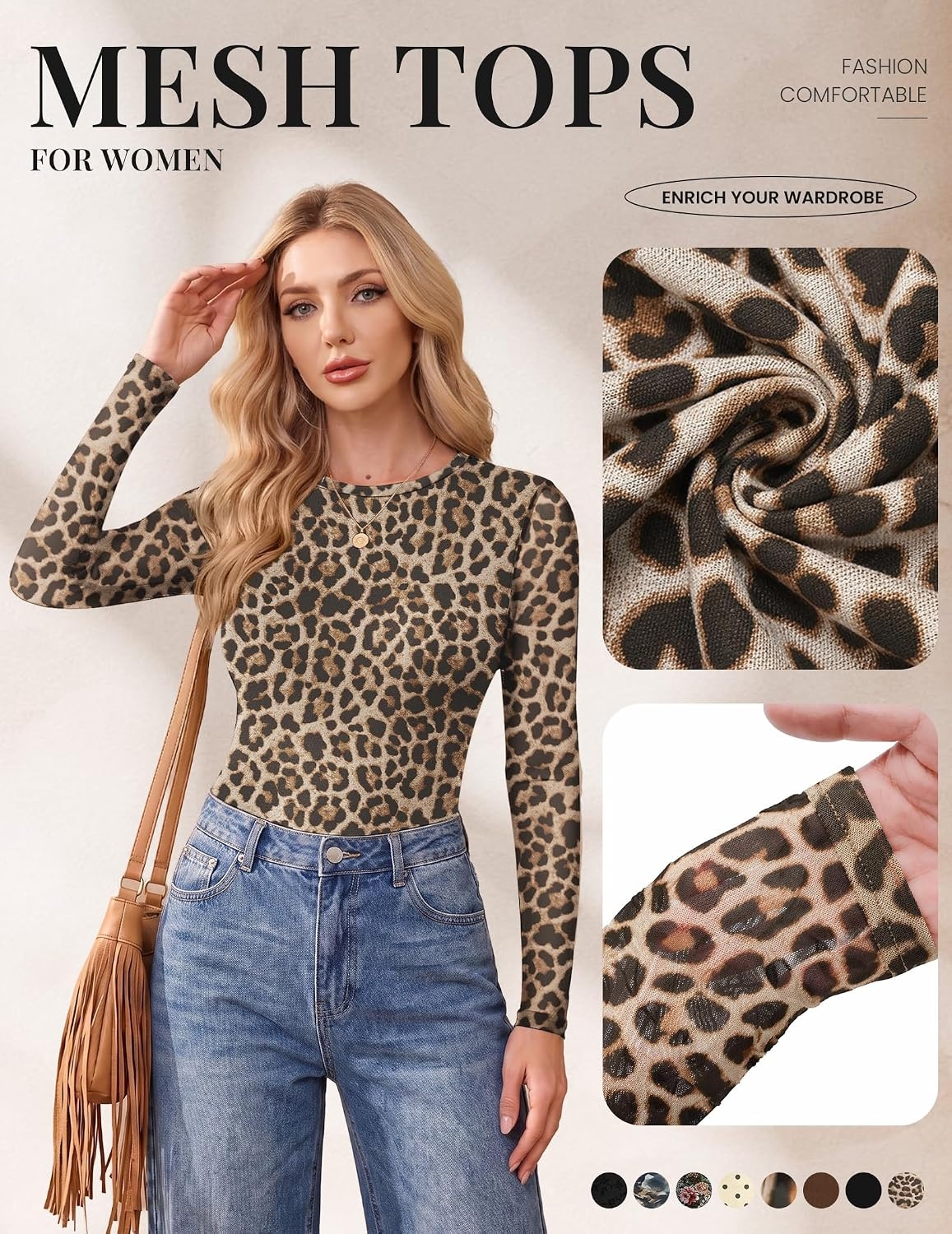 image:imageEkouaer Womens Mesh Long Sleeve Tops Fall Fashion Sexy Fit Crew Neck ShirtsLeopard Print