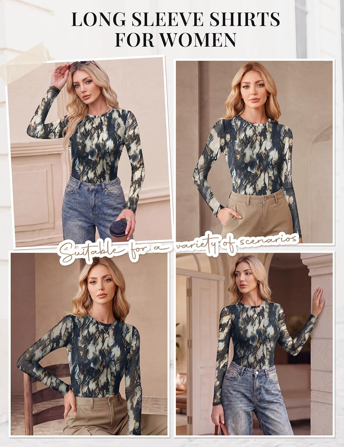 image:imageEkouaer Womens Mesh Long Sleeve Tops Fall Fashion Sexy Fit Crew Neck ShirtsTie Dye