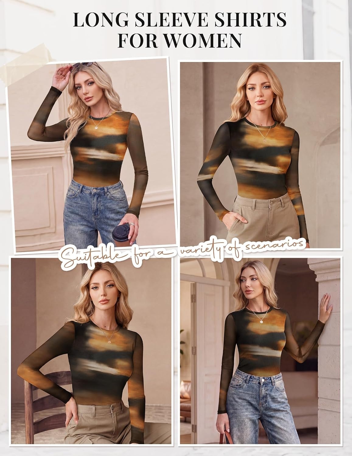 image:imageEkouaer Womens Mesh Long Sleeve Tops Fall Fashion Sexy Fit Crew Neck ShirtsTie Dye Print