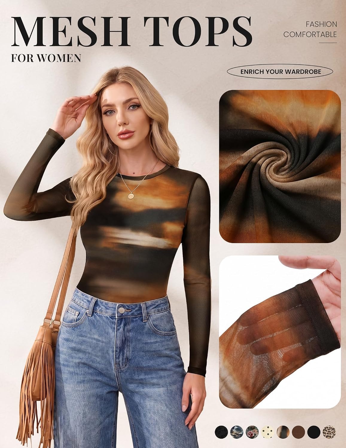 image:imageEkouaer Womens Mesh Long Sleeve Tops Fall Fashion Sexy Fit Crew Neck ShirtsTie Dye Print