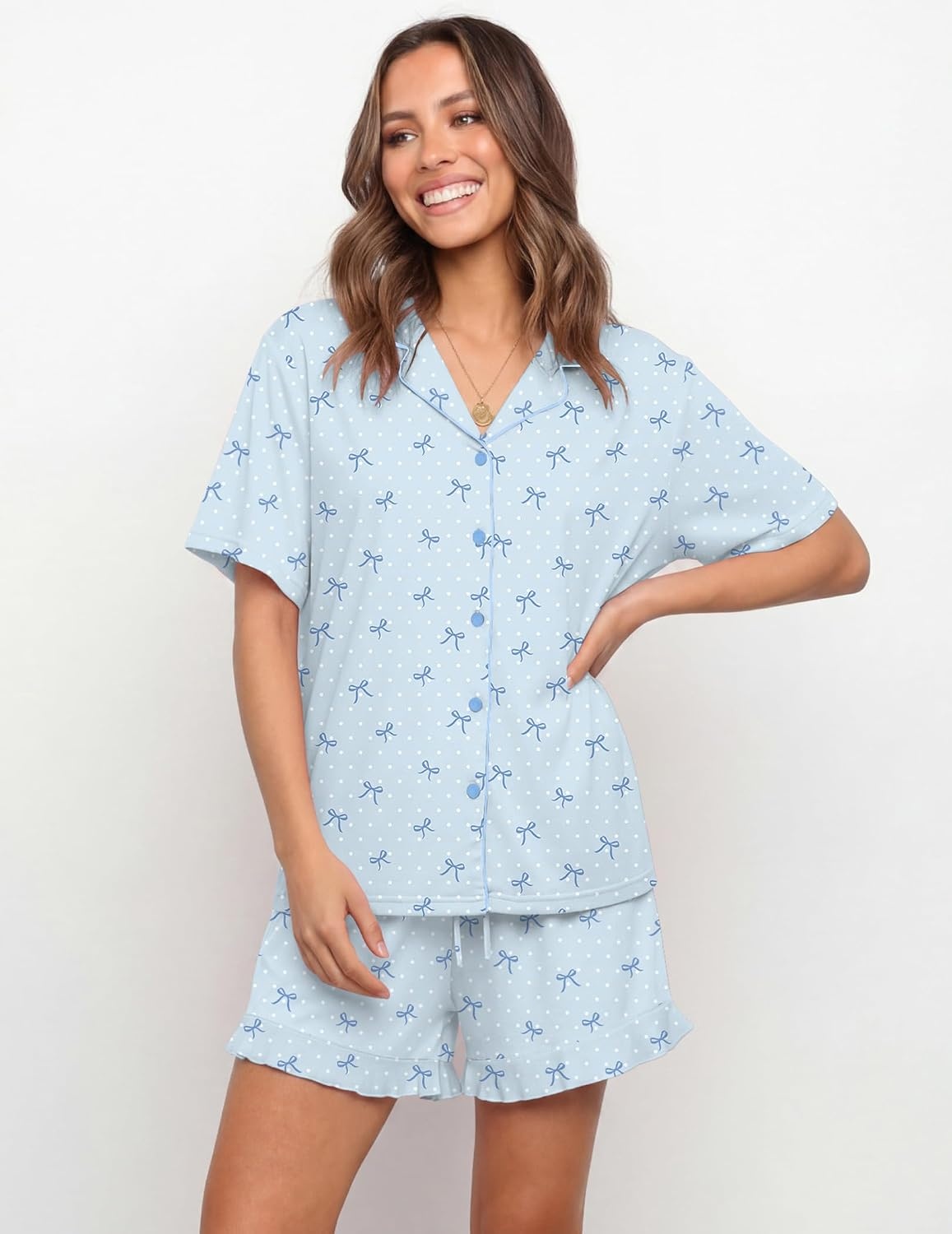 image:imageEkouaer Womens Pajama Sets Button Down Short Sleeve Top and Shorts Cute Ruffled Pjs Sets SleepwearBlue Bow