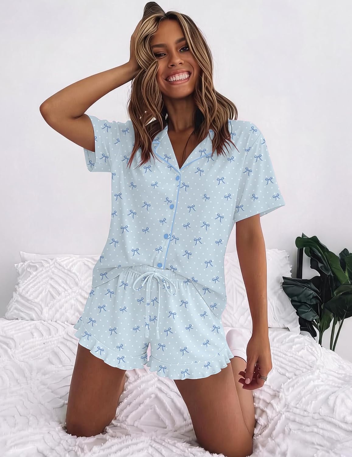 image:imageEkouaer Womens Pajama Sets Button Down Short Sleeve Top and Shorts Cute Ruffled Pjs Sets SleepwearBlue Bow