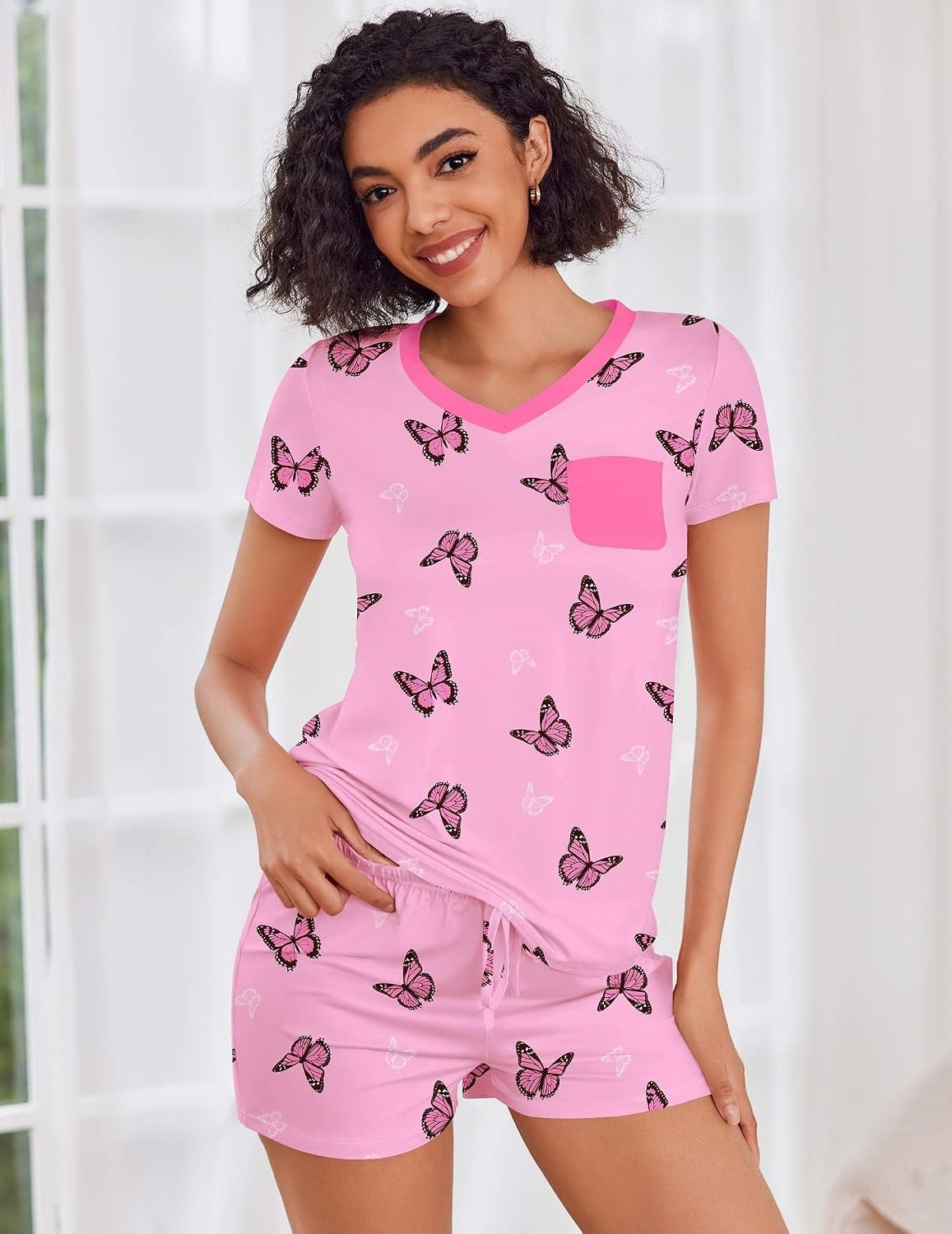image:imageEkouaer Womens Pajama Sets Short Sleeve Pajamas for Women Sets Soft Lounge Sets Casual V Neck Sleepwear PJSButterfly