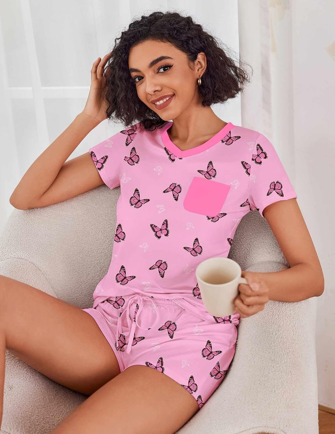 image:imageEkouaer Womens Pajama Sets Short Sleeve Pajamas for Women Sets Soft Lounge Sets Casual V Neck Sleepwear PJSButterfly
