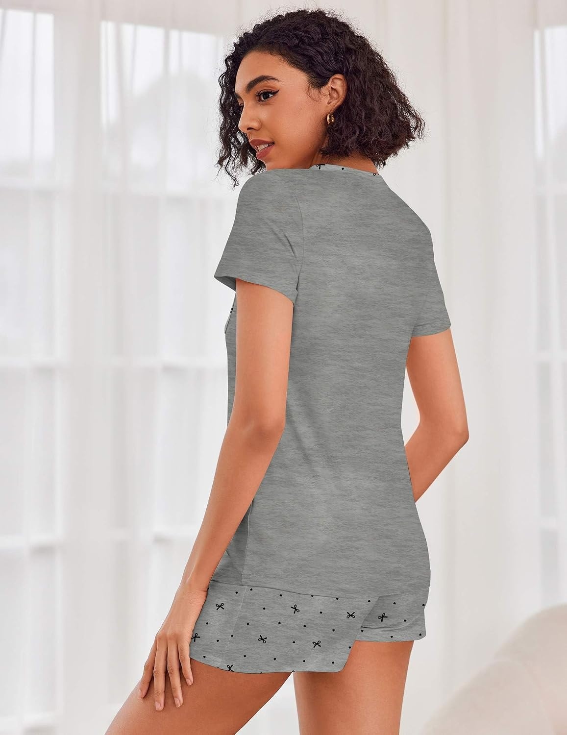 image:imageEkouaer Womens Pajama Sets Short Sleeve Pajamas for Women Sets Soft Lounge Sets Casual V Neck Sleepwear PJSGray Bow
