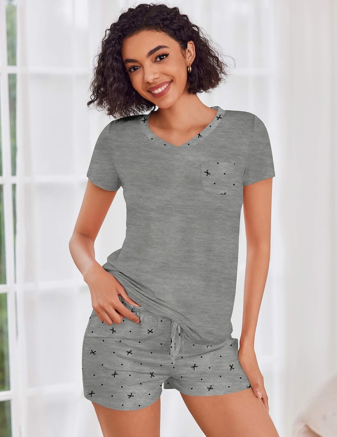 image:imageEkouaer Womens Pajama Sets Short Sleeve Pajamas for Women Sets Soft Lounge Sets Casual V Neck Sleepwear PJSGray Bow