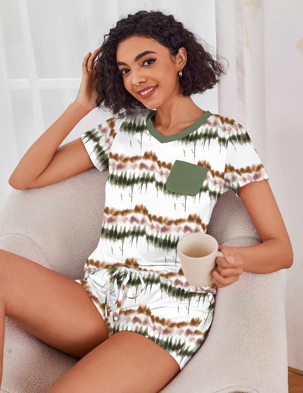 image:imageEkouaer Womens Pajama Sets Short Sleeve Pajamas for Women Sets Soft Lounge Sets Casual V Neck Sleepwear PJSGreen Tiedye