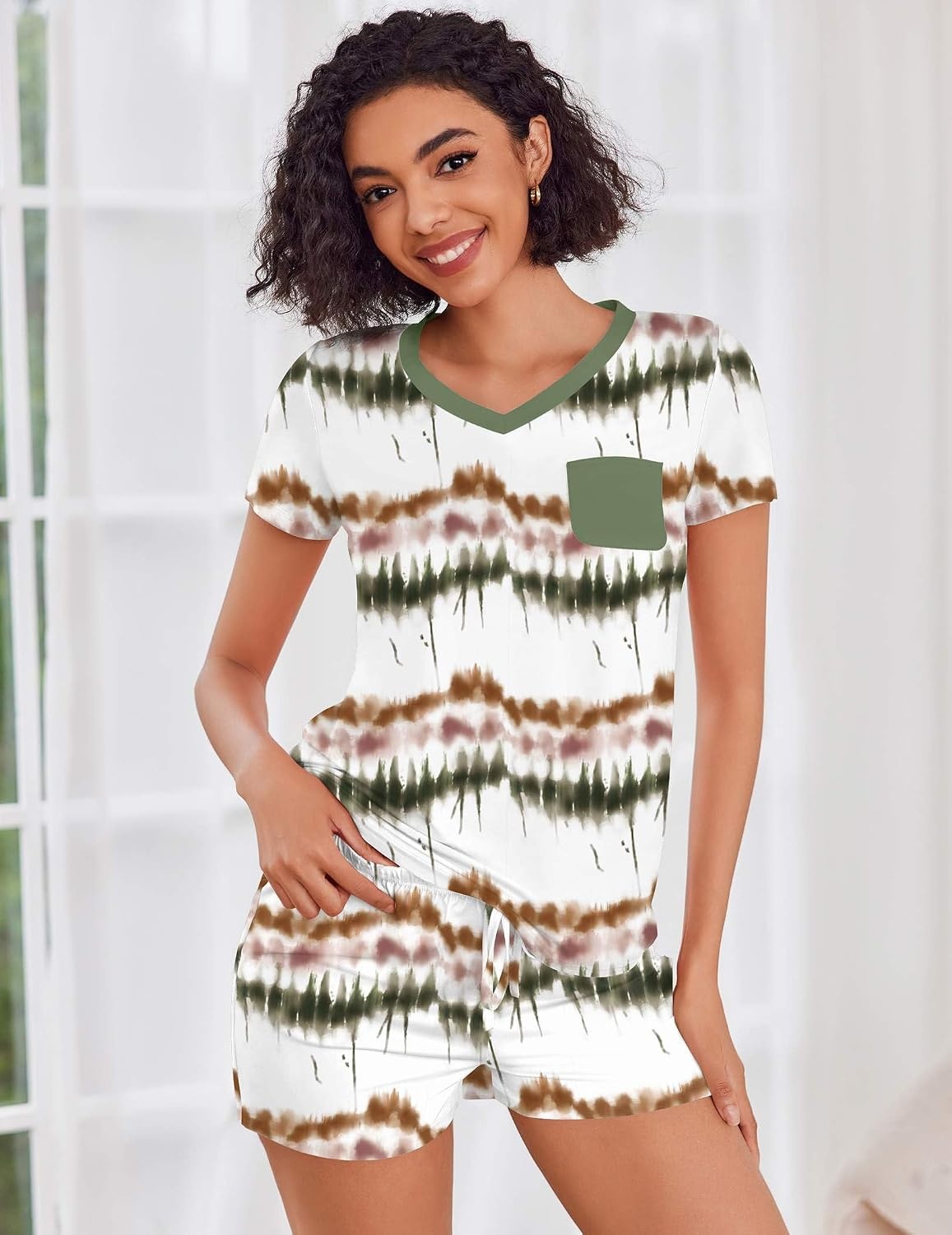 image:imageEkouaer Womens Pajama Sets Short Sleeve Pajamas for Women Sets Soft Lounge Sets Casual V Neck Sleepwear PJSGreen Tiedye
