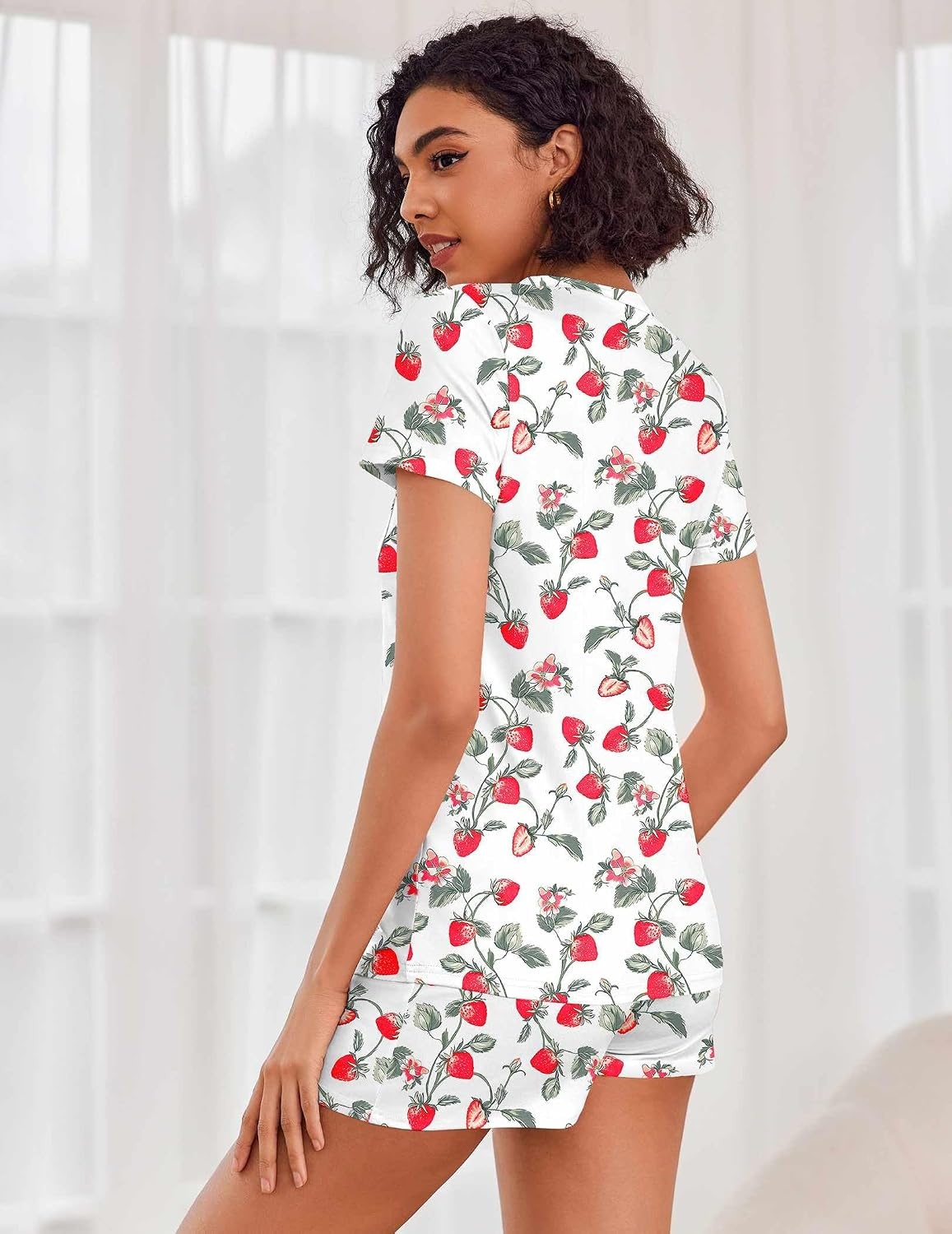 image:imageEkouaer Womens Pajama Sets Short Sleeve Pajamas for Women Sets Soft Lounge Sets Casual V Neck Sleepwear PJSStrawberry