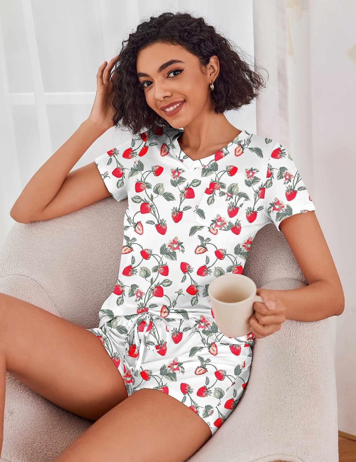 image:imageEkouaer Womens Pajama Sets Short Sleeve Pajamas for Women Sets Soft Lounge Sets Casual V Neck Sleepwear PJSStrawberry