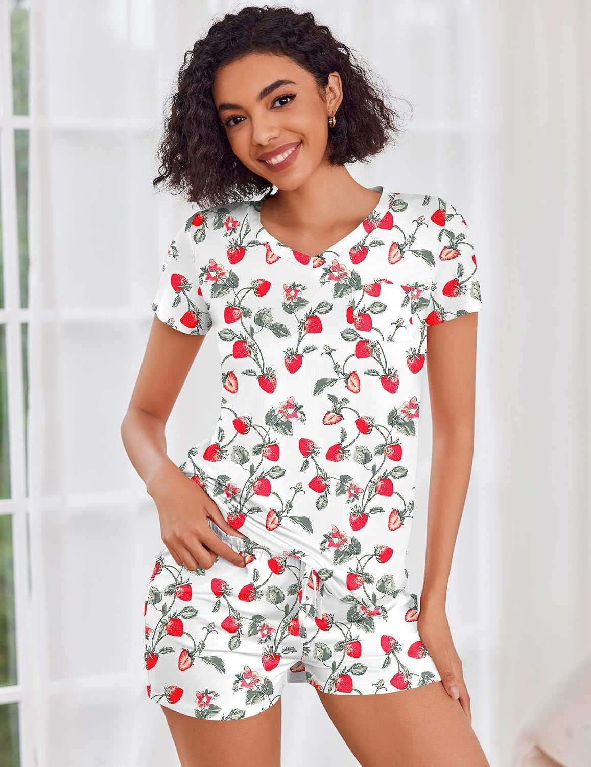 image:imageEkouaer Womens Pajama Sets Short Sleeve Pajamas for Women Sets Soft Lounge Sets Casual V Neck Sleepwear PJSStrawberry
