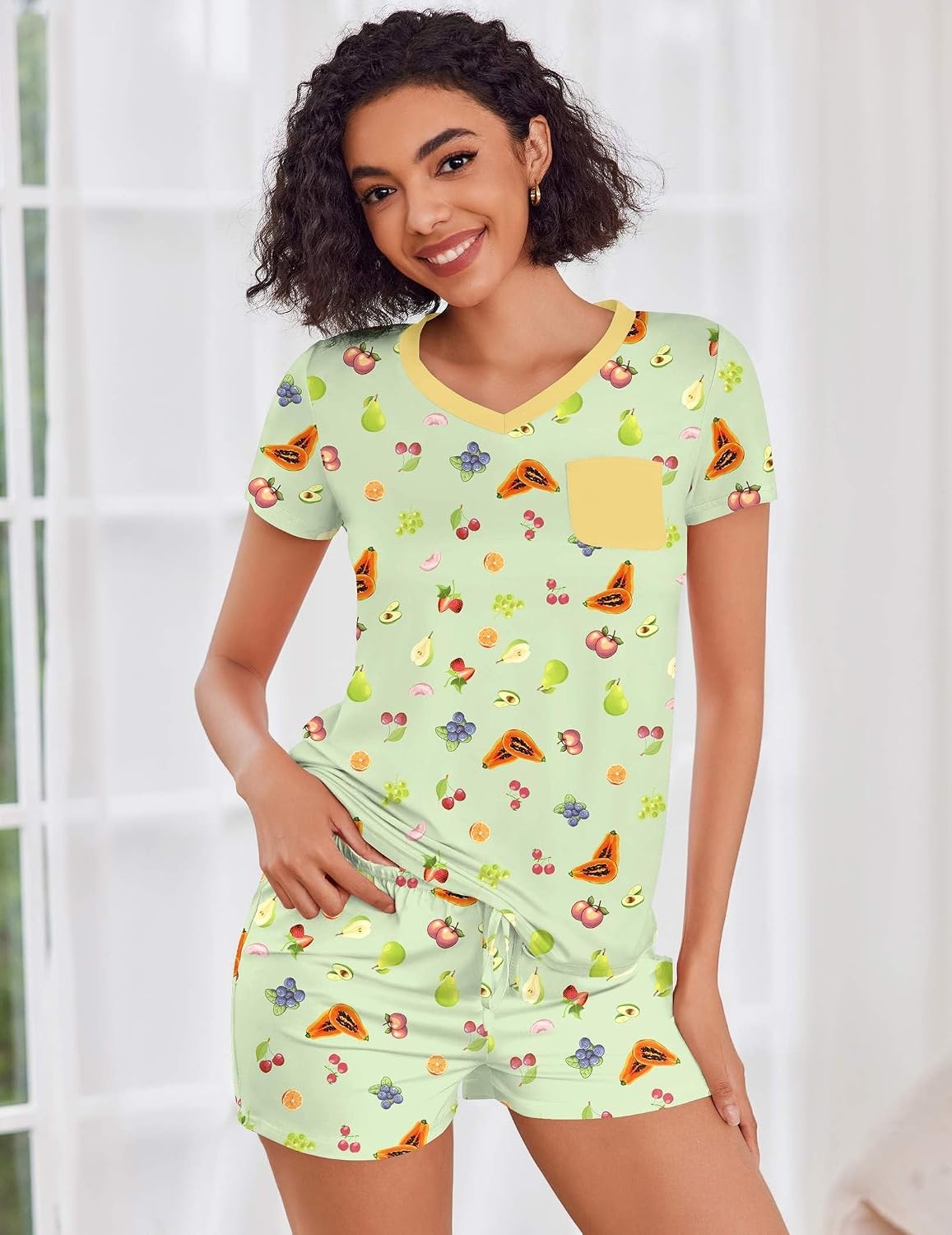 image:imageEkouaer Womens Pajama Sets Short Sleeve Pajamas for Women Sets Soft Lounge Sets Casual V Neck Sleepwear PJSSummer Fruit