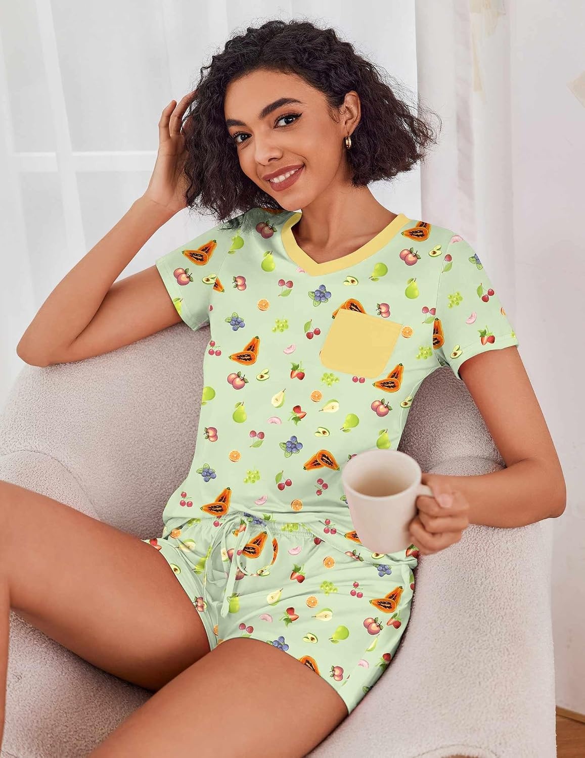 image:imageEkouaer Womens Pajama Sets Short Sleeve Pajamas for Women Sets Soft Lounge Sets Casual V Neck Sleepwear PJSSummer Fruit