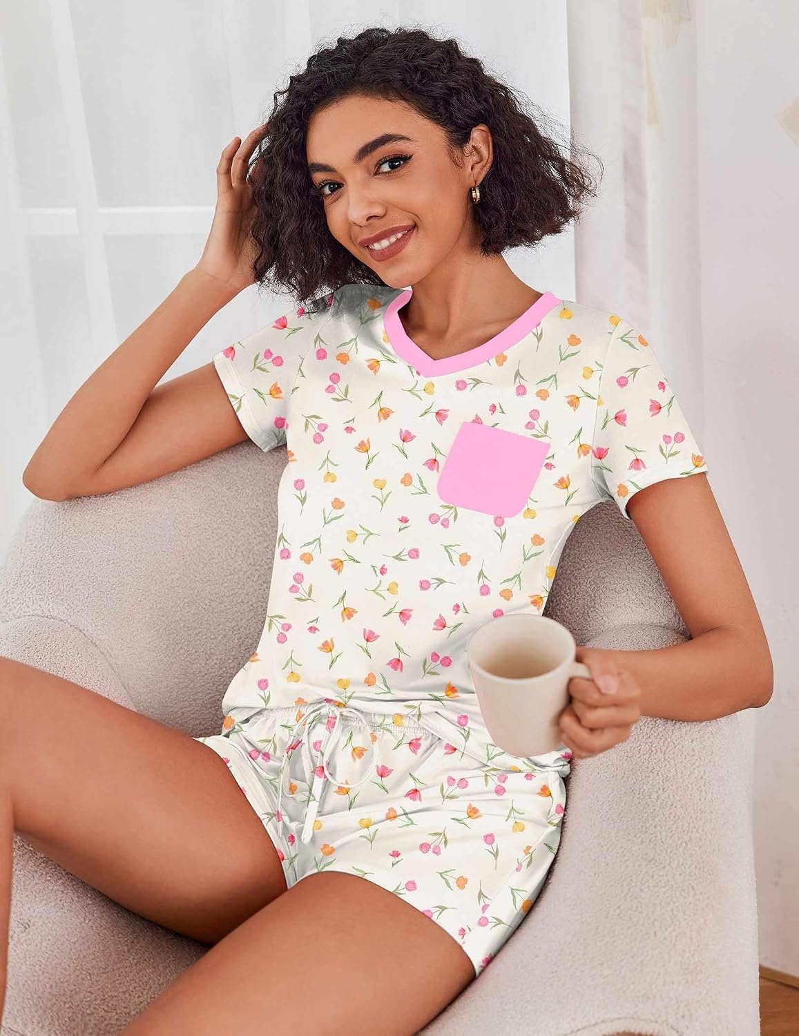 image:imageEkouaer Womens Pajama Sets Short Sleeve Pajamas for Women Sets Soft Lounge Sets Casual V Neck Sleepwear PJSTulip