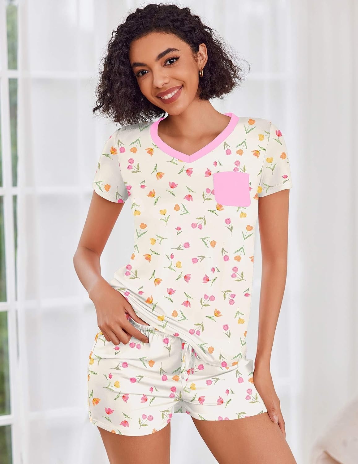 image:imageEkouaer Womens Pajama Sets Short Sleeve Pajamas for Women Sets Soft Lounge Sets Casual V Neck Sleepwear PJSTulip