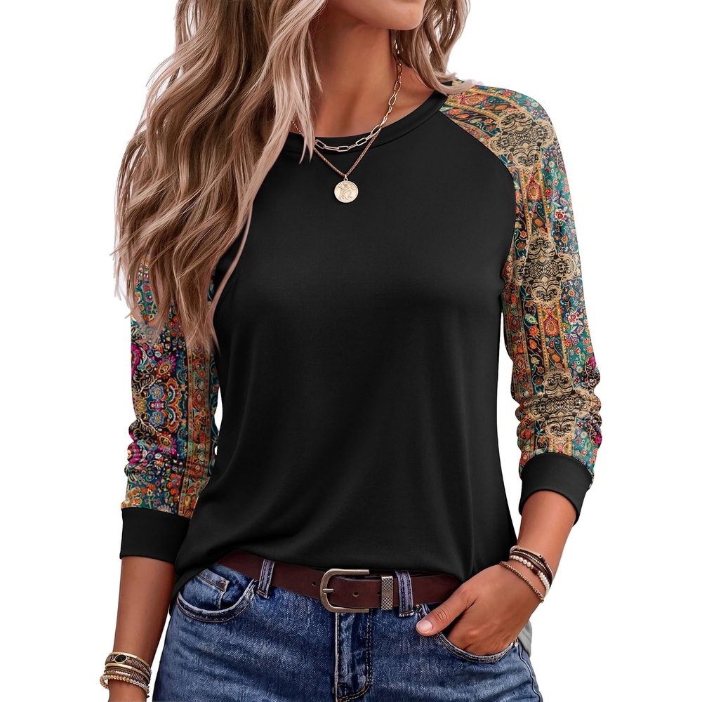 image:imageEkoauer Womens Long Sleeve Shirts Raglan Sleeve Thermal Tops Fall Clothes  Casual Color Block Shirt Crew Neck Basic TShirts Work Dressy Tunic Blouse Going Out Tops Fall Teacher Fashion OutfitsBoho Black