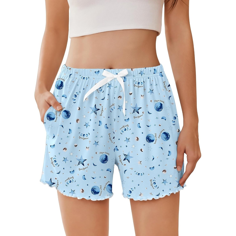 image:imageEkouaer 2 Pack Womens Pajama Shorts 2026 Summer Casual Lounge Sleep Short Ruffle Soft Comfy Pj Bottoms with PocketsBlue Stars