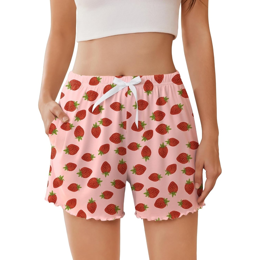 image:imageEkouaer 2 Pack Womens Pajama Shorts 2026 Summer Casual Lounge Sleep Short Ruffle Soft Comfy Pj Bottoms with PocketsStrawberry