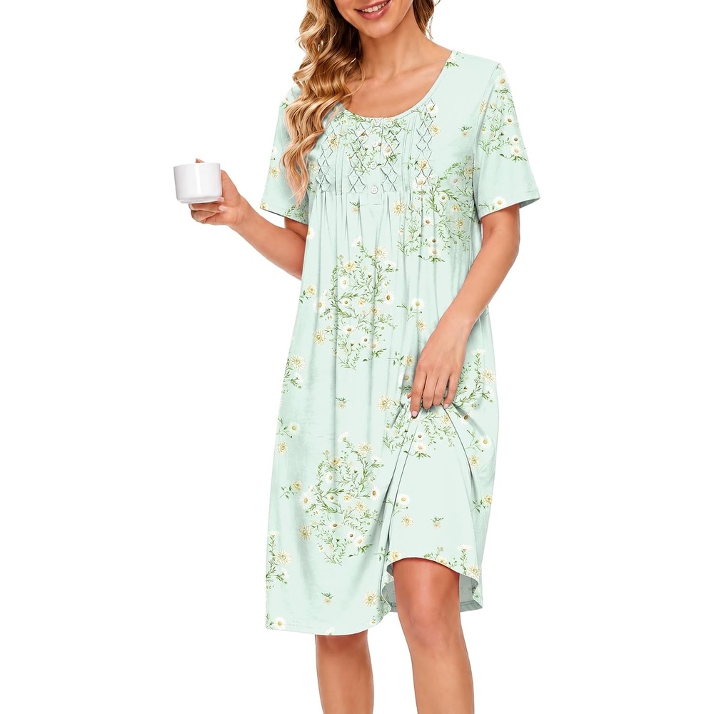 image:imageEkouaer Cotton Nightgowns for Women Short Sleeve House Dress Pleated Night Gown Button Sleep Shirt Ladies NightdressFloral Light Green