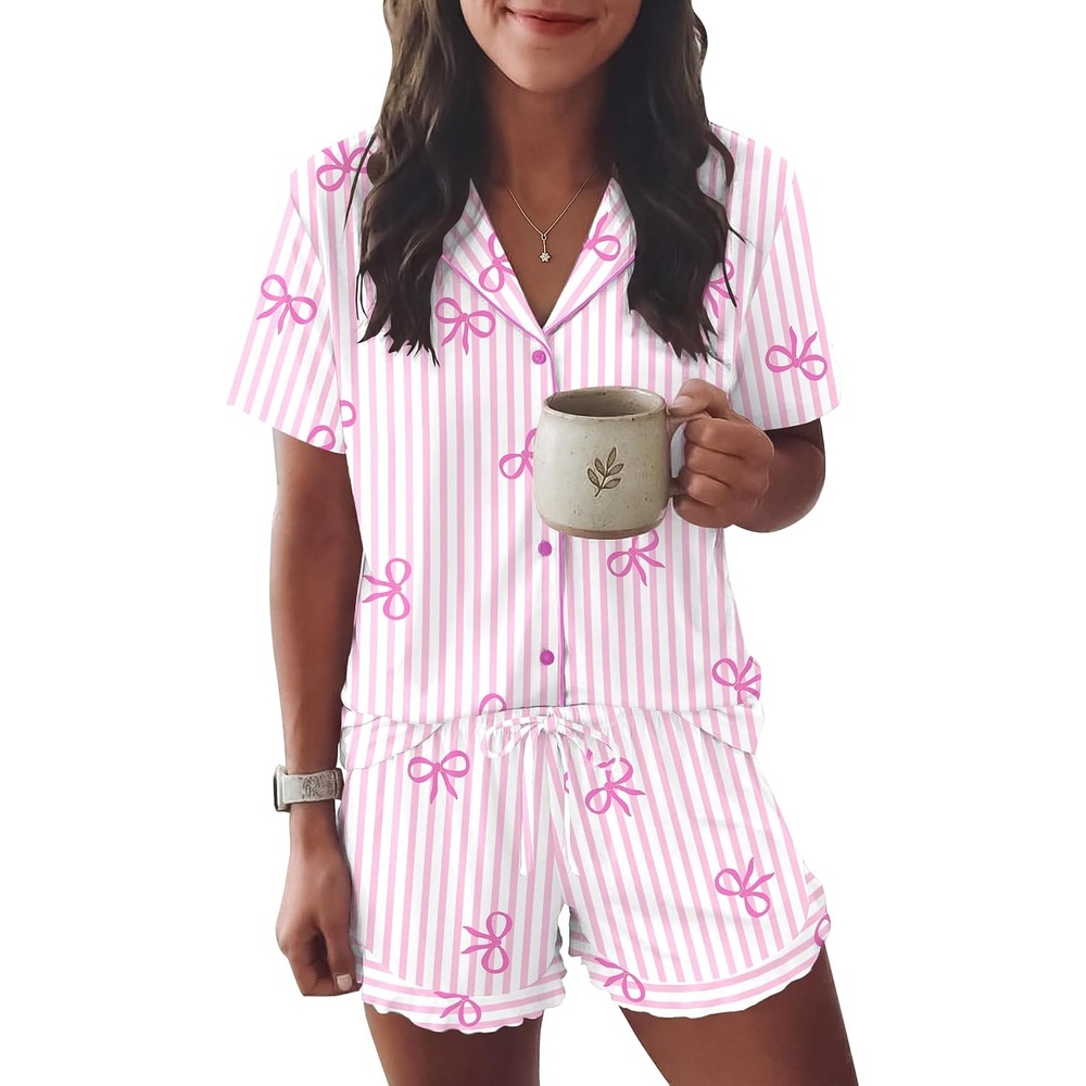 image:imageEkouaer Womens Pajama Sets Button Down Short Sleeve Top and Shorts Cute Ruffled Pjs Sets SleepwearPink Stripe Bow