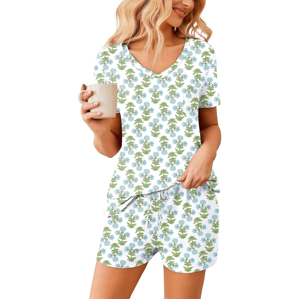 image:imageEkouaer Womens Pajama Sets Short Sleeve Pajamas for Women Sets Soft Lounge Sets Casual V Neck Sleepwear PJSBlue Daisy