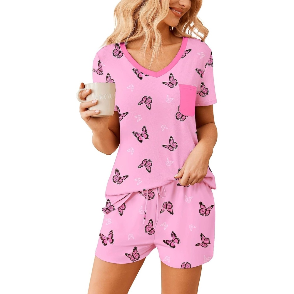 image:imageEkouaer Womens Pajama Sets Short Sleeve Pajamas for Women Sets Soft Lounge Sets Casual V Neck Sleepwear PJSButterfly