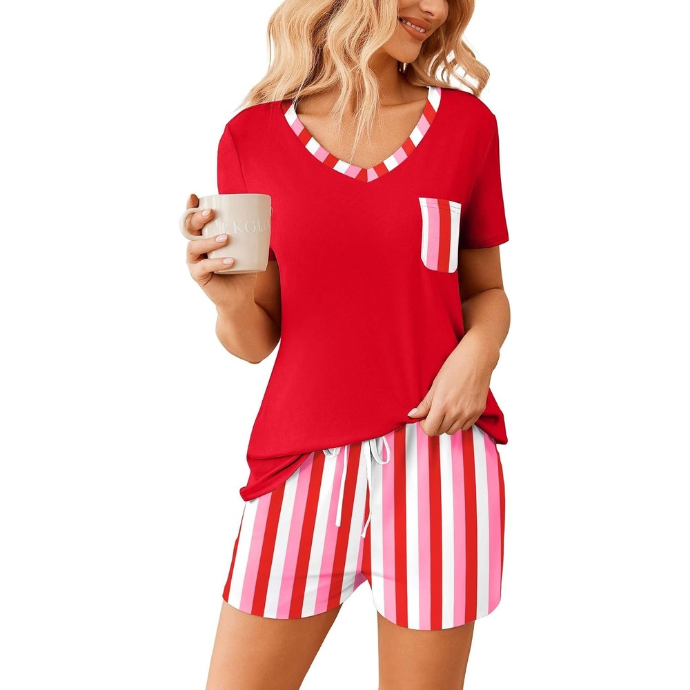 image:imageEkouaer Womens Pajama Sets Short Sleeve Pajamas for Women Sets Soft Lounge Sets Casual V Neck Sleepwear PJSRed White Stripe