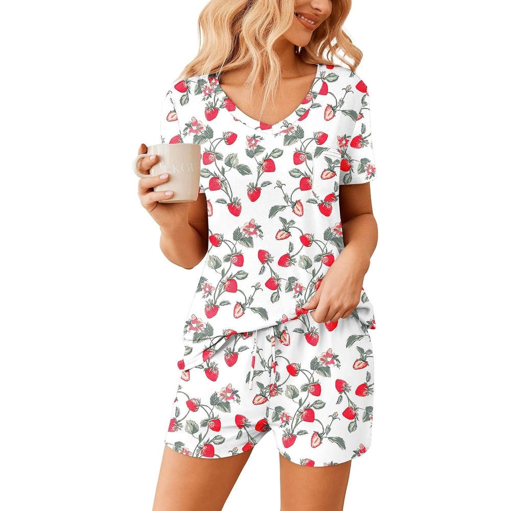 image:imageEkouaer Womens Pajama Sets Short Sleeve Pajamas for Women Sets Soft Lounge Sets Casual V Neck Sleepwear PJSStrawberry