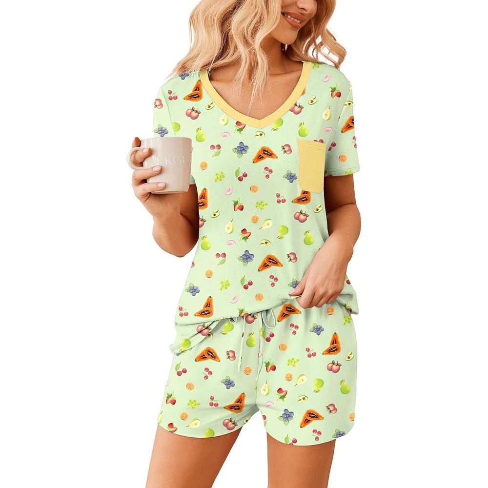 image:imageEkouaer Womens Pajama Sets Short Sleeve Pajamas for Women Sets Soft Lounge Sets Casual V Neck Sleepwear PJSSummer Fruit