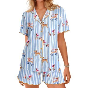 Ekouaer Button Up Pajamas Set for Women Short Sleeve Ribbed Knit Sleepwear 2 Piece Pjs Shorts Set(Blue-striped Dog)