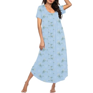 Ekouaer Long Nightgowns for Women Plus Size House Dress Short Sleeve Night Gown Pleated Full Length Loungwear S-4XL(Light Blue Floral)