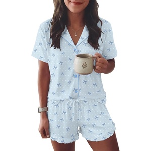 Ekouaer Womens Pajama Sets Button Down Short Sleeve Top and Shorts Cute Ruffled Pjs Sets Sleepwear(Blue Bow)