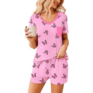 Ekouaer Womens Pajama Sets Short Sleeve Pajamas for Women Sets Soft Lounge Sets Casual V Neck Sleepwear PJS(Butterfly)
