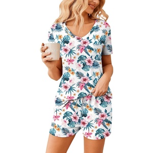 Ekouaer Womens Pajama Sets Short Sleeve Pajamas for Women Sets Soft Lounge Sets Casual V Neck Sleepwear PJS(Hawaiian Floral)