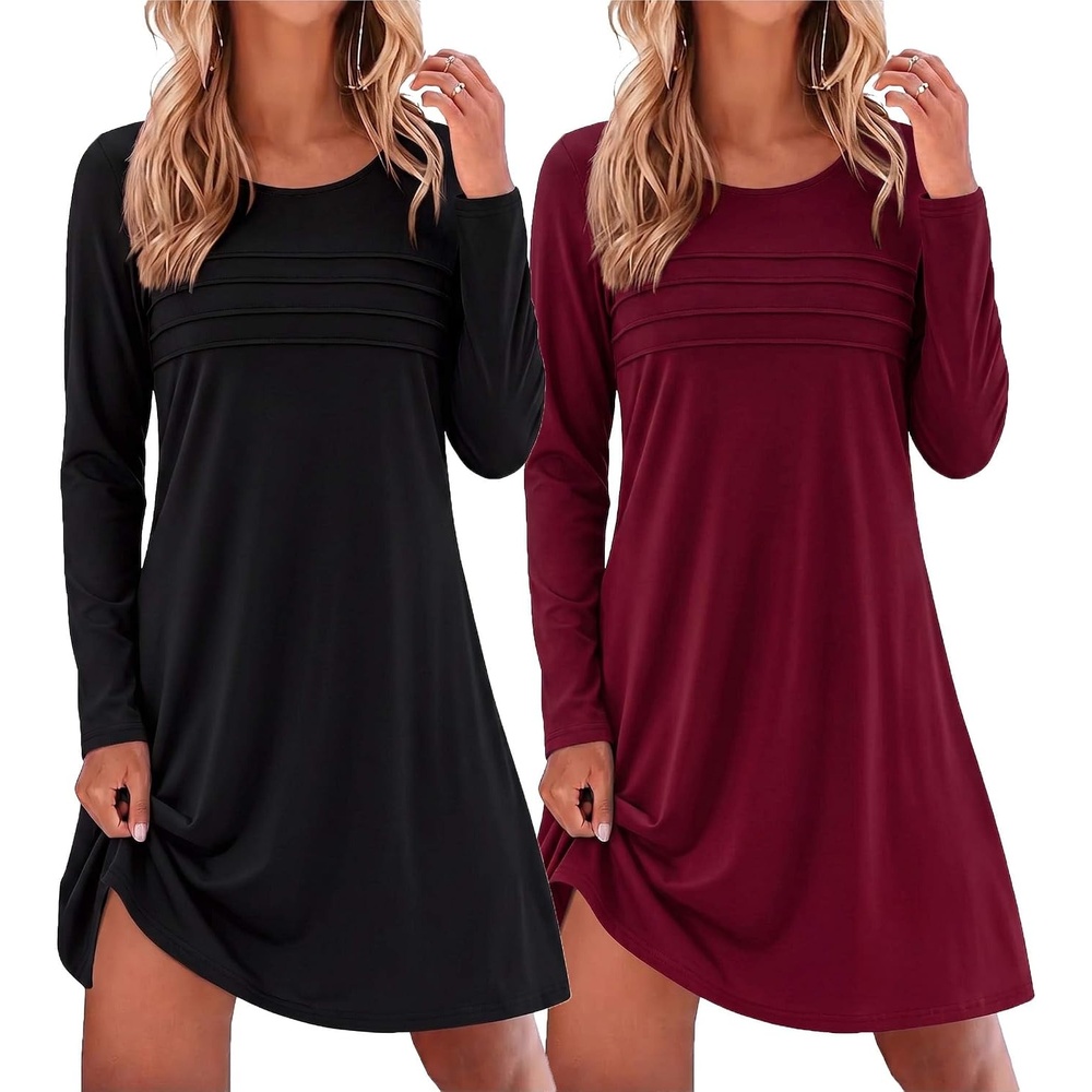 image:imageEkouaer 2 Pack Long Sleeve Nightgown for Women Crew Neck Sleepshirts S3XL Excellent Value for the Price Features Many Cute Prints Soft Comfortable Fabric Long Sleeve O Neck Nightgown for SleepingBlackWine Red