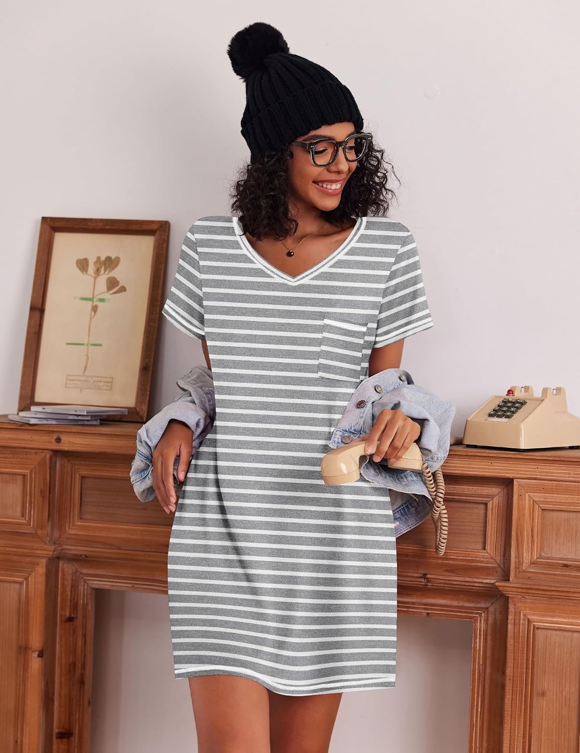 image:imageEkouaer 3 Pack Nightgowns for Women Short Sleeve Sleep Shirt Soft Sleepwear T shirt Nightgown V Neck Nightshirts Soft Sleepwear Dress Ladies Pajama Dress Plus Size Sleeping Gown Comfy NightdressBlackDark GreyLight Grey Stripes