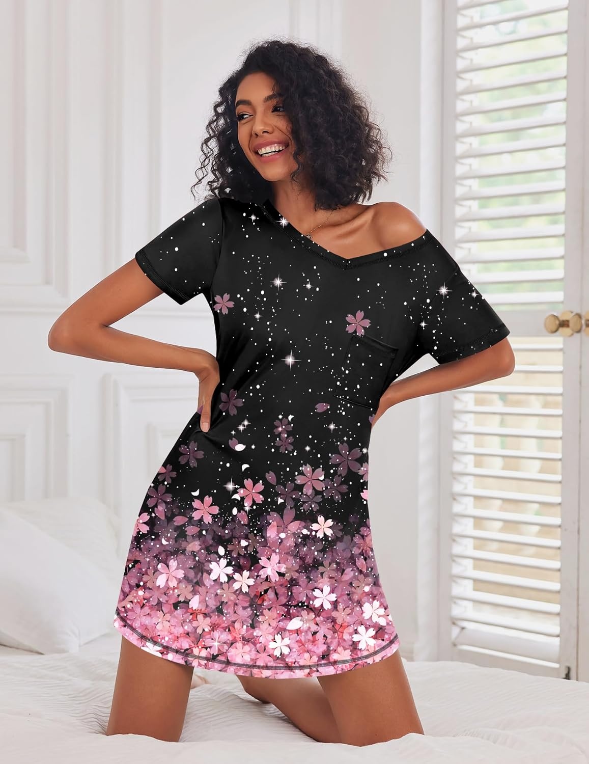 image:imageEkouaer 3 Pack Nightgowns for Women Short Sleeve Sleep Shirt Soft Sleepwear T shirt Nightgown V Neck Nightshirts Soft Sleepwear Dress Ladies Pajama Dress Plus Size Sleeping Gown Comfy NightdressBlackCherry BlossomsFloral Green