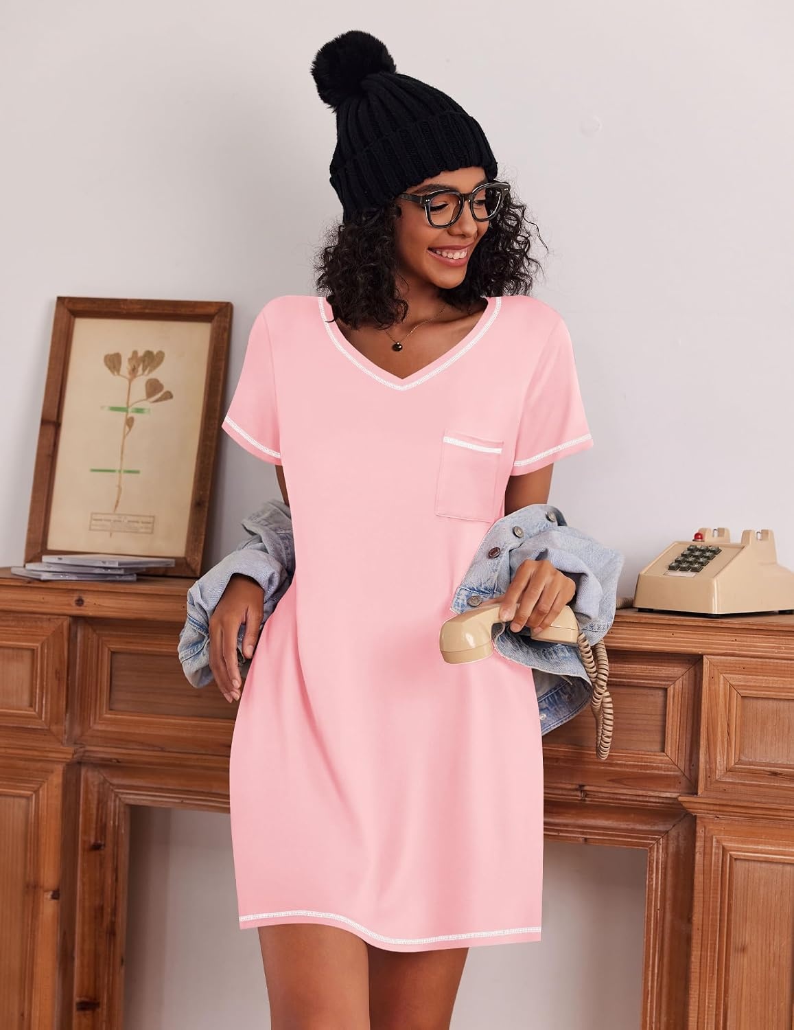 image:imageEkouaer 3 Pack Nightgowns for Women Short Sleeve Sleep Shirt Soft Sleepwear T shirt Nightgown V Neck Nightshirts Soft Sleepwear Dress Ladies Pajama Dress Plus Size Sleeping Gown Comfy NightdressBlackCherry BlossomsPink