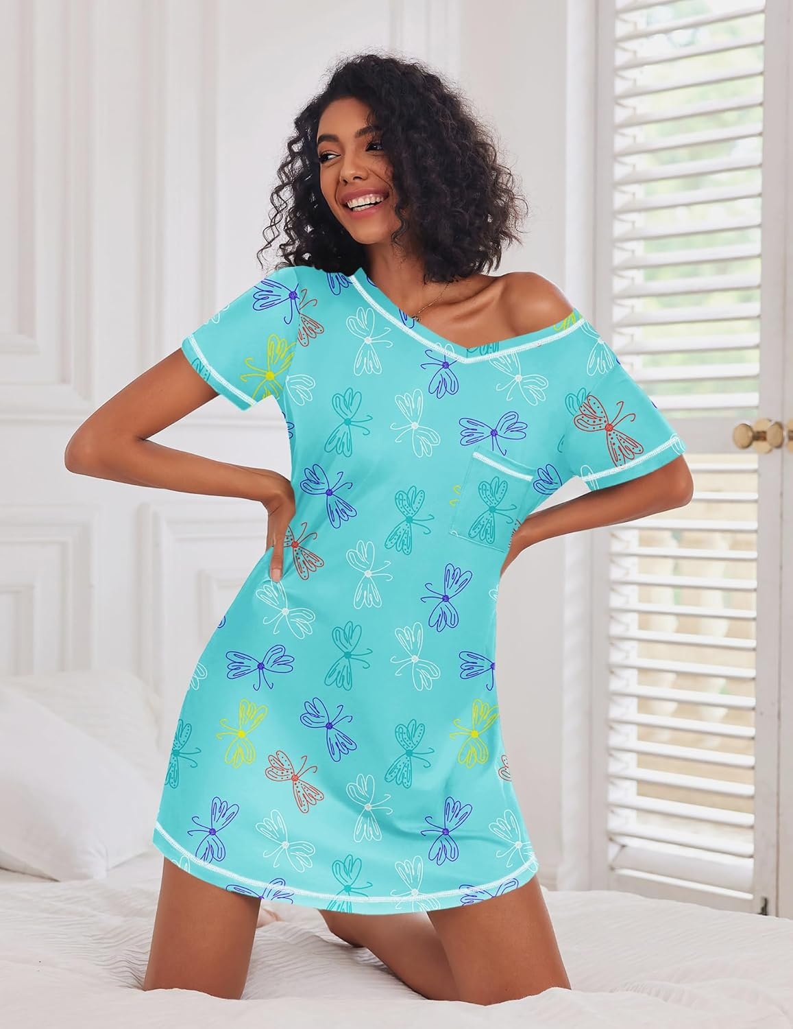 image:imageEkouaer 3 Pack Nightgowns for Women Short Sleeve Sleep Shirt Soft Sleepwear T shirt Nightgown V Neck Nightshirts Soft Sleepwear Dress Ladies Pajama Dress Plus Size Sleeping Gown Comfy NightdressCoffee CupBlue PrintPurple Stars