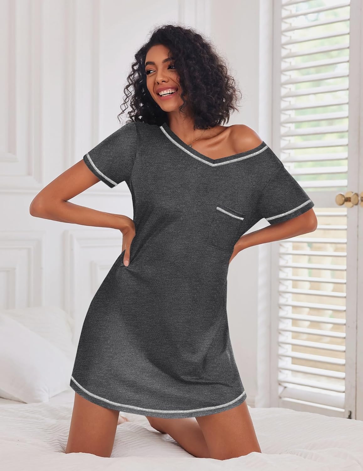 image:imageEkouaer 3 Pack Nightgowns for Women Short Sleeve Sleep Shirt Soft Sleepwear T shirt Nightgown V Neck Nightshirts Soft Sleepwear Dress Ladies Pajama Dress Plus Size Sleeping Gown Comfy NightdressBlackDark GreyLight Grey Stripes